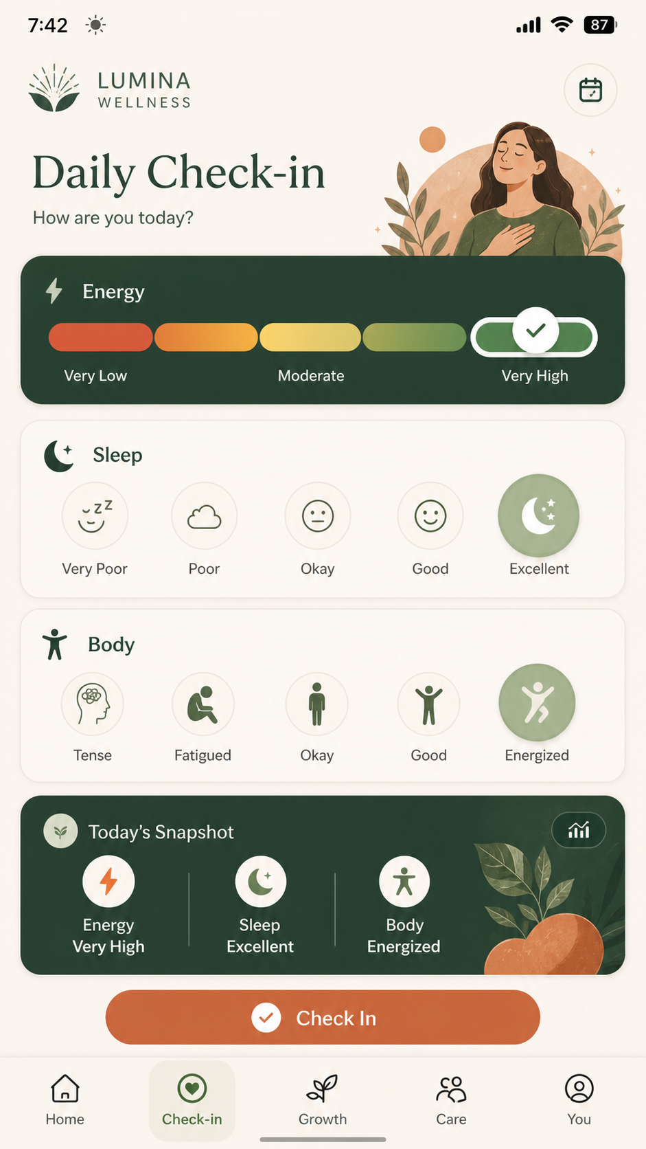 Daily Check-in — màn hình ghi nhận hằng ngày