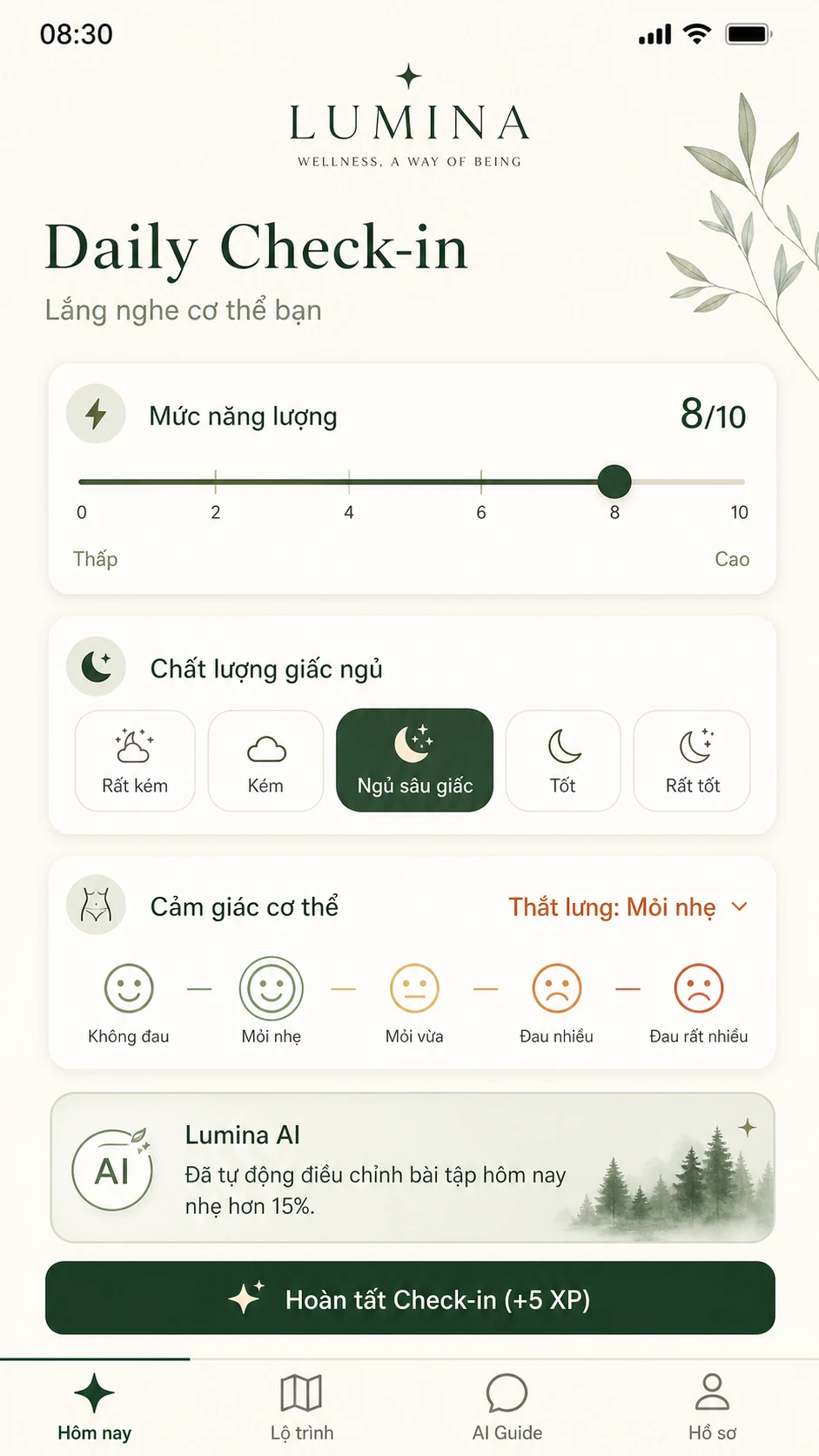 Màn hình Daily Check-in — Ghi nhận năng lượng