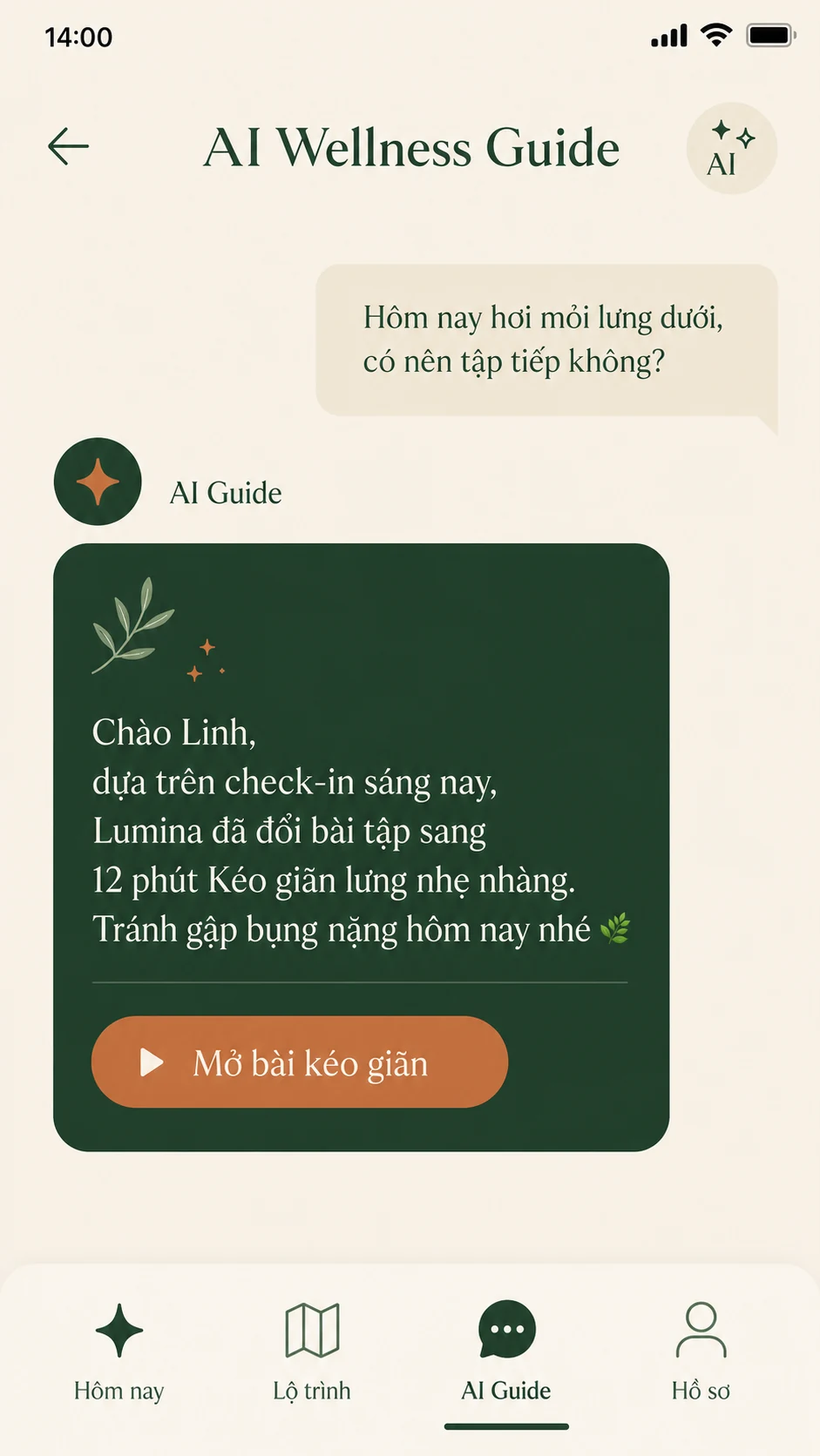 Màn hình AI Wellness Guide — Trợ lý wellness