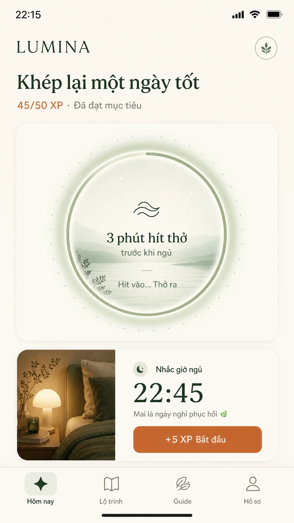 22:15 Tối — Thư giãn & khép ngày: 3 phút hít thở